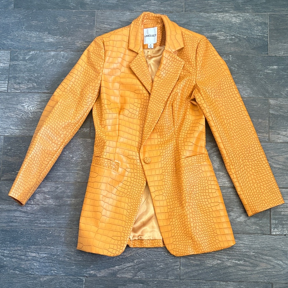 Faux Orange Croc-Embossed Blazer